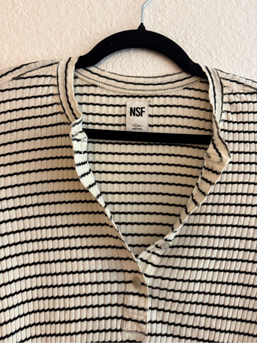 NSF Striped Ribbed Long Sleeve Henley Top Black White Small - Picture 3 of 3